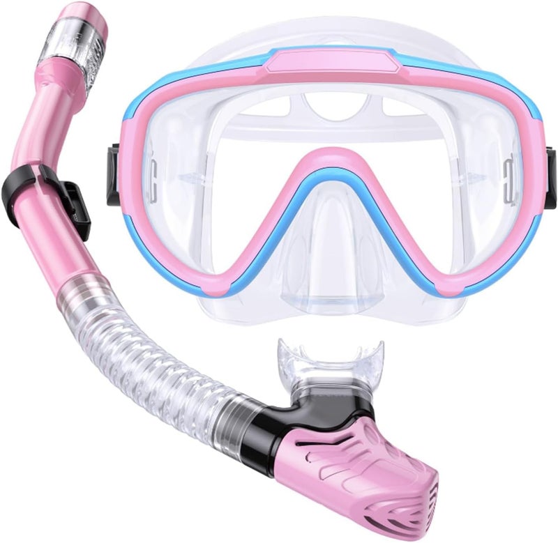 Seovediary Kids Snorkel Set, Anti-Fog Panoramic Tempered Glass Kids Snorkel mask, Anti-Leak Scuba Diving Mask with Mesh Bag, Dry Top Snorkeling Gear for Kids and Youth Age 4-16 - Image 1